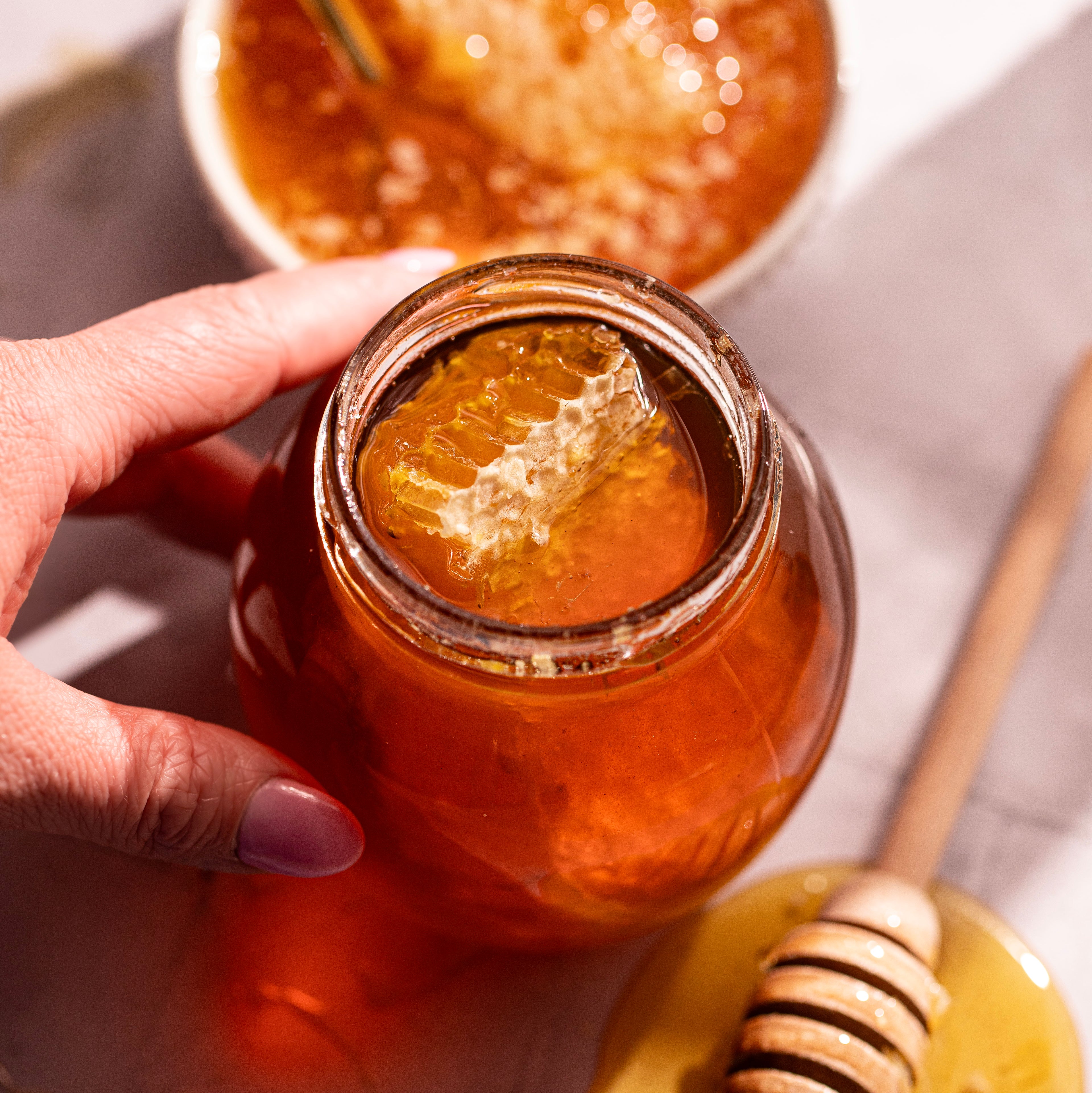 Globe Jar of Honey with Comb and Honey Dipper