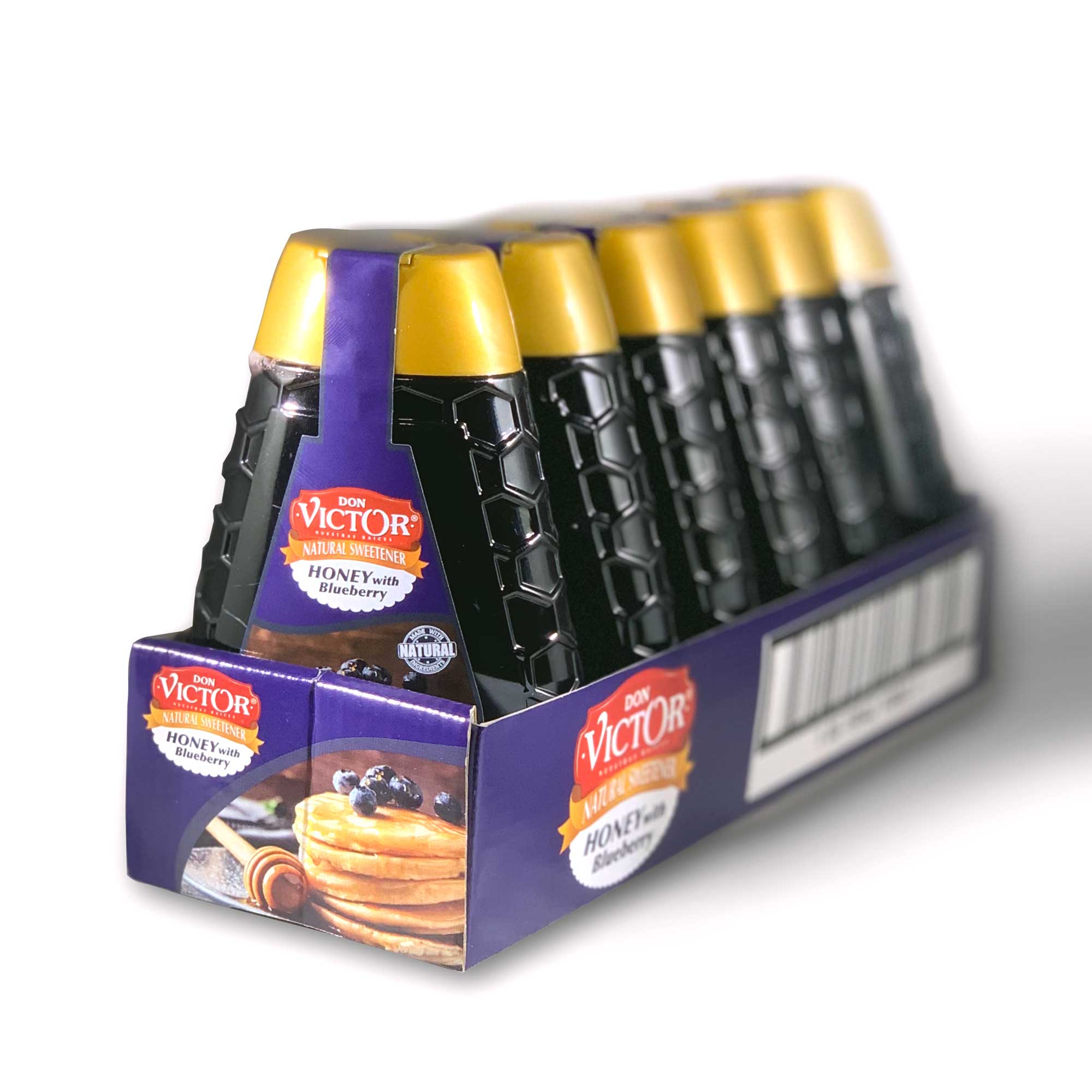 Case of Don Victor blueberry flavored honey, with 6 bottles of natural honey flavors.