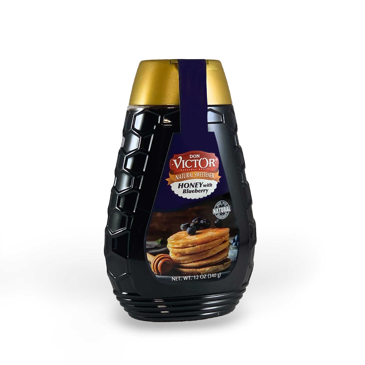 Bottle of Don Victor's blueberry flavored honey, perfect for topping pancakes or hot tea.