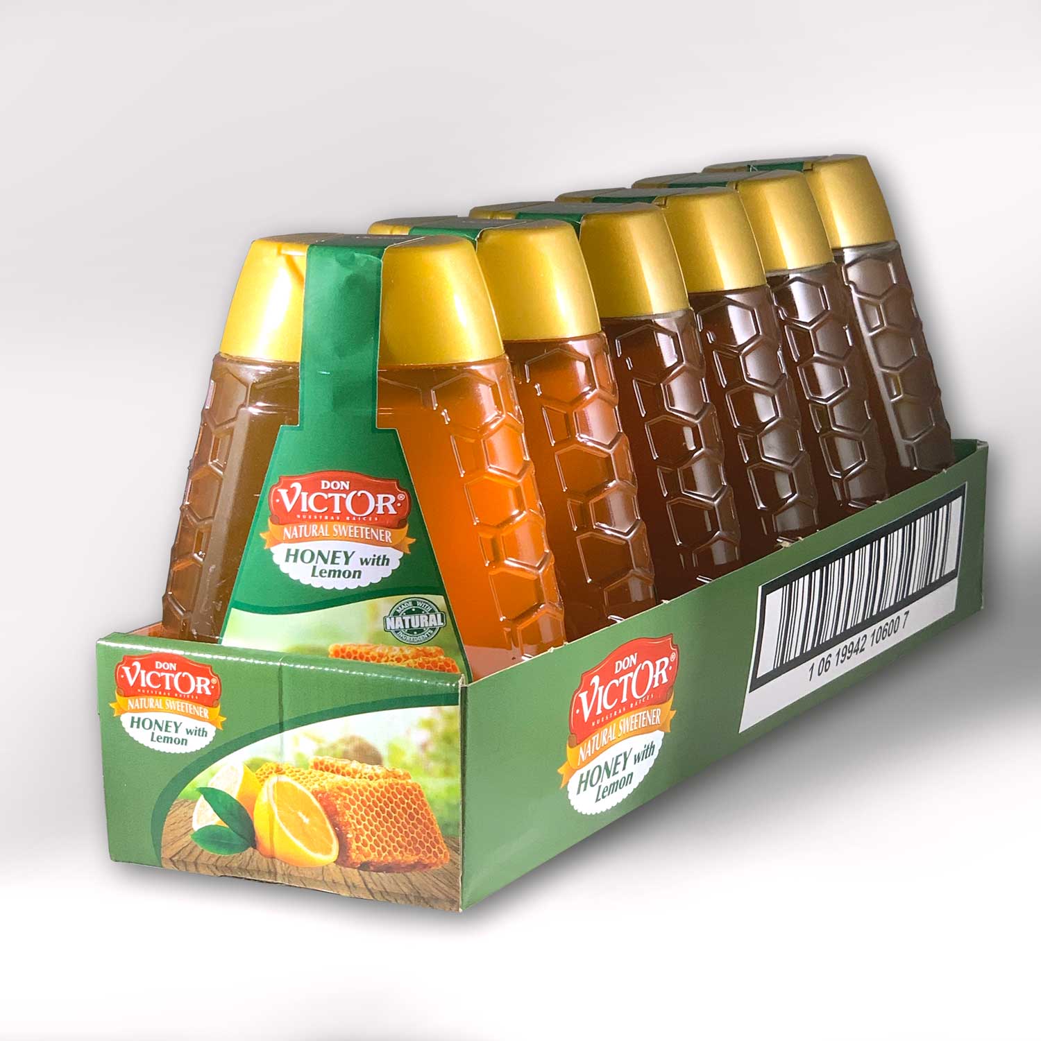 Case of Don Victor lemon flavored honey, with 6 bottles of natural honey flavors.