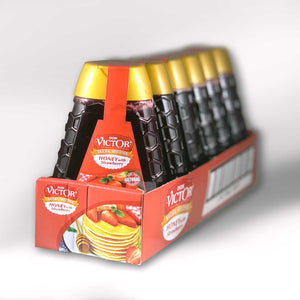 Case of Don Victor strawberry flavored honey, with 6 bottles of natural honey flavors.