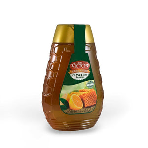 Bottle of Don Victor's lemon flavored honey showing all-natural lemon and honeycomb on the label.