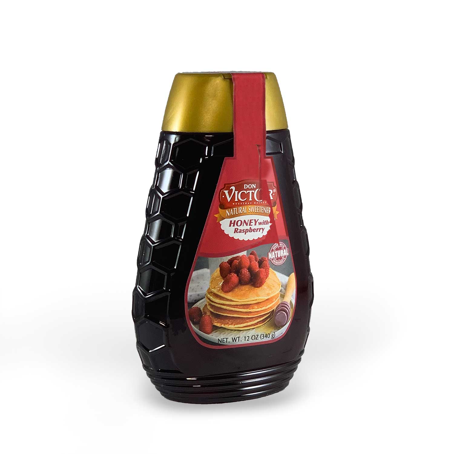 Bottle of Don Victor's Honey with Raspberry, perfect for topping cheesecake, pancakes, or sweetening hot tea.